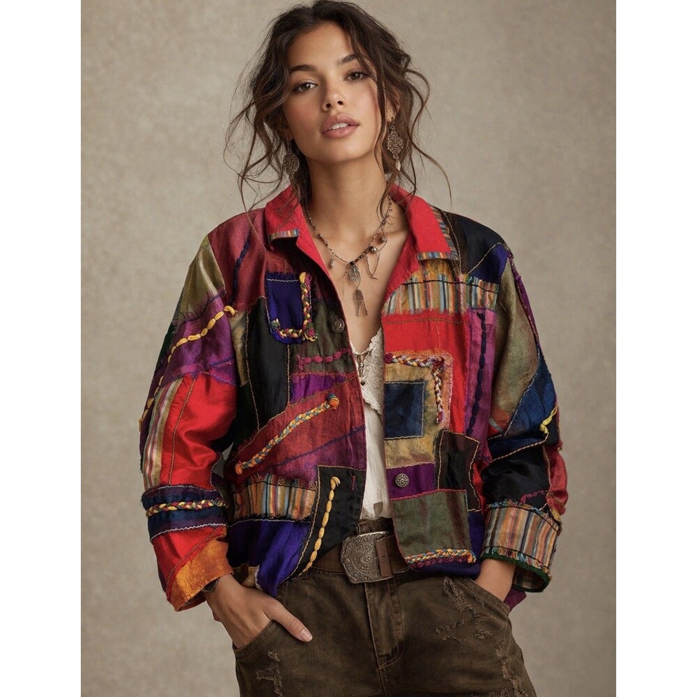 Vintage BLEU BAYOU DESIGNER Silk Patchwork Coat Of Many Colors Womens XL Boho